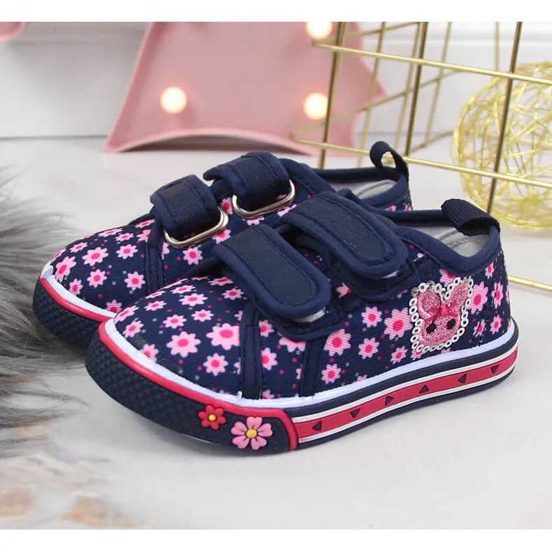 Atletico marineblauwe sneakers met klittenband voor meisjes roze