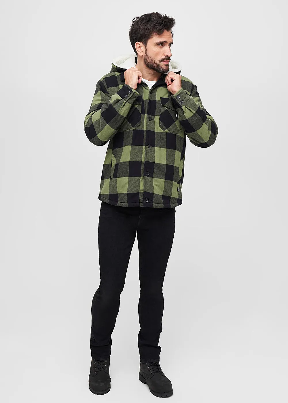 Brandit Heren Lumberjacket Houthakkersjack met Capuchon geruit zwart olive