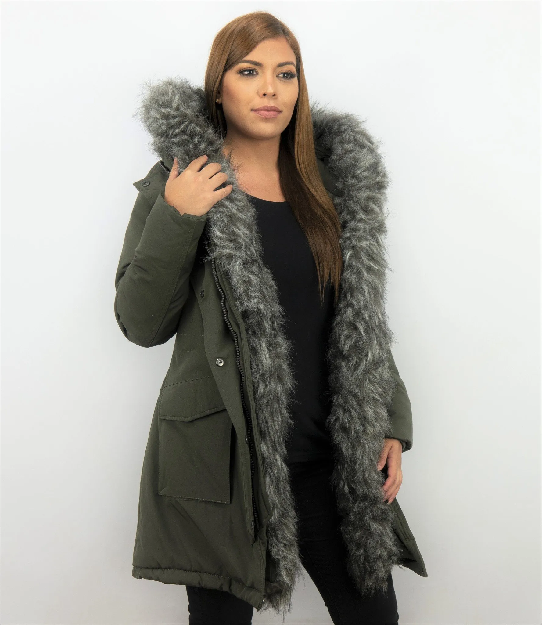 DAMES IMITATIE BONTJAS   PARKA  LANGE WINTERJAS  GROEN