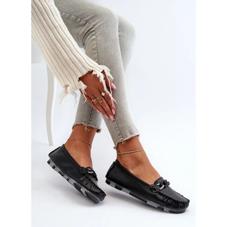Dames leren mocassins met decoratie zwart S.Barski LR339