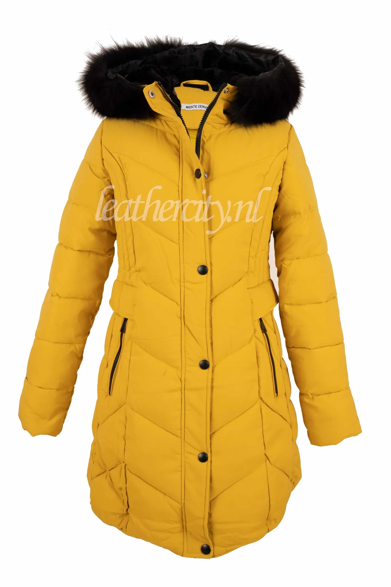 Dames winterjas met zwart bont okergeel 