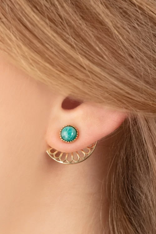 Flower Fan oorbellen in goud en groene onyx