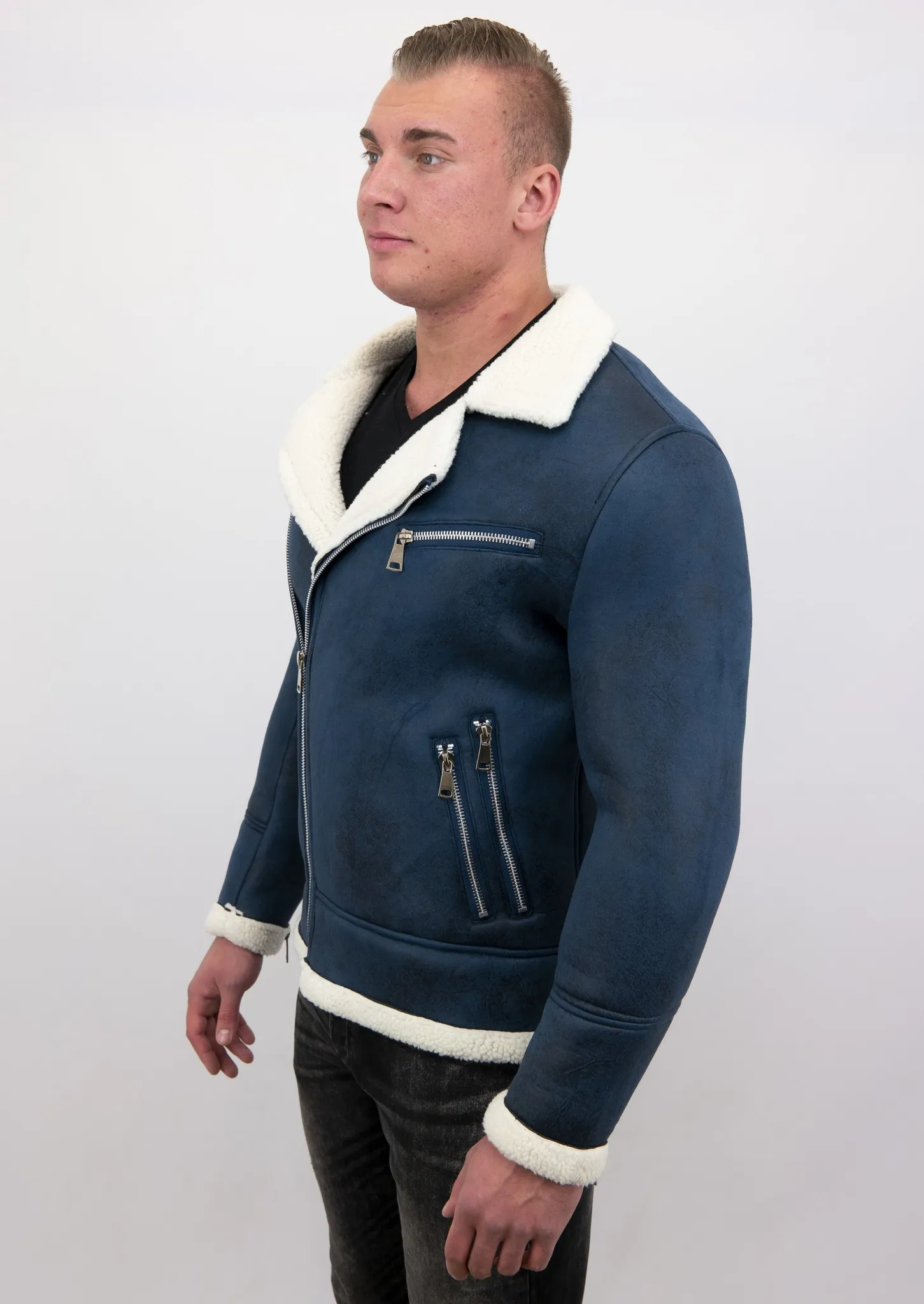 HEREN WINTERJAS IMITATIE LAMMY COAT KORT  BLAUW