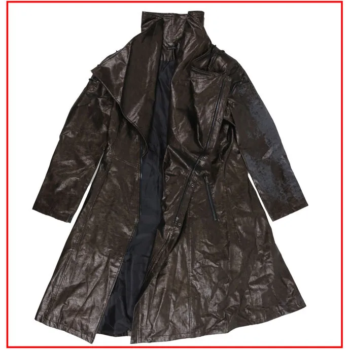 HERENJAS DEVIL FASHION  VILLAIN BLUES PUNK FAUX LEATHER TRENCH COAT  BRUIN  BESCHADIGD