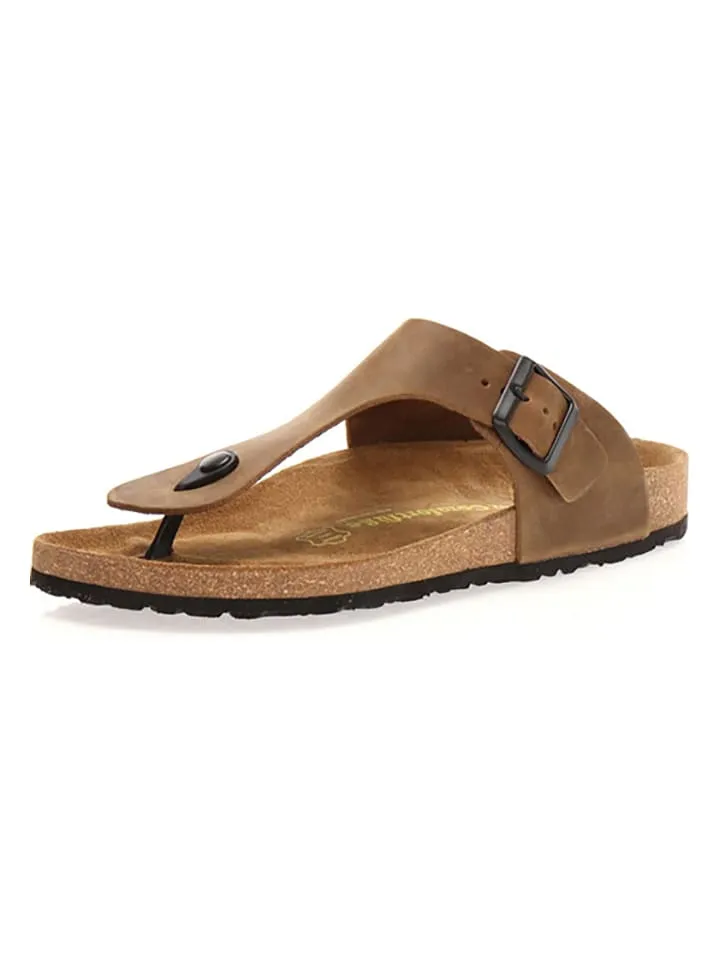 Leren teenslippers zandkleurig