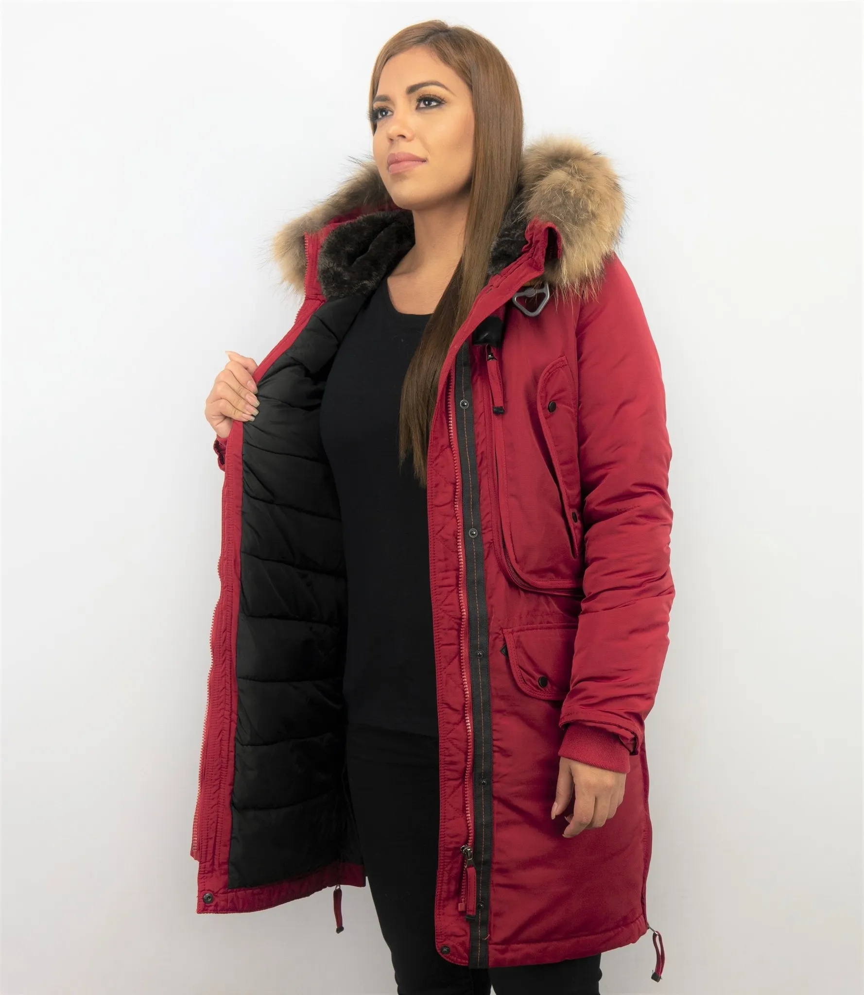 Rode Lange Winterjas  Dames Parka met Bontkraag
