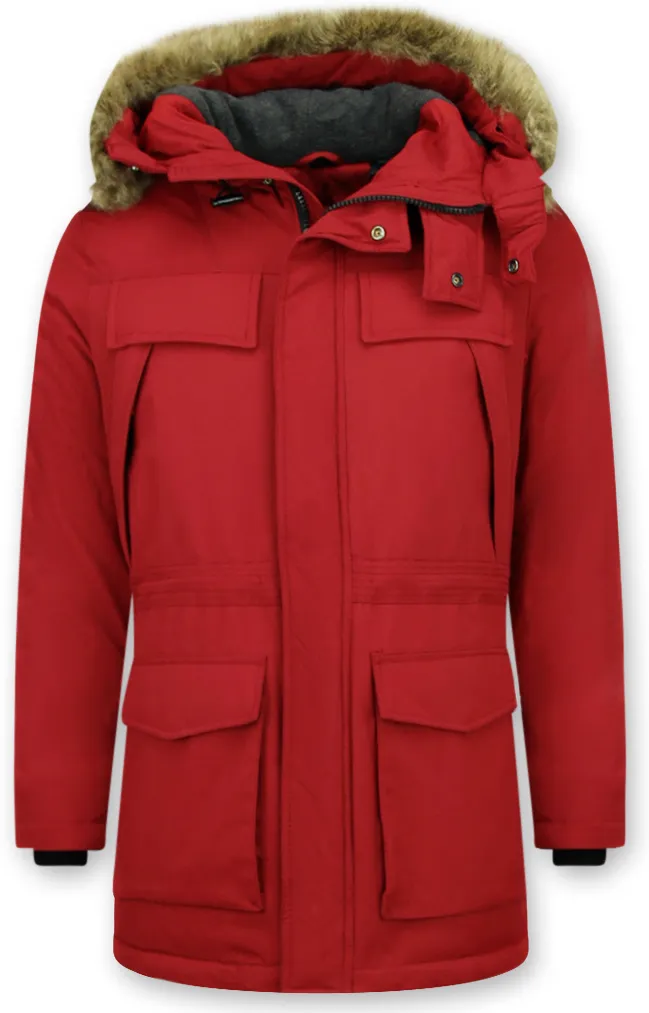 RODE PARKA  WINTERJAS HEREN MET BONTKRAAG