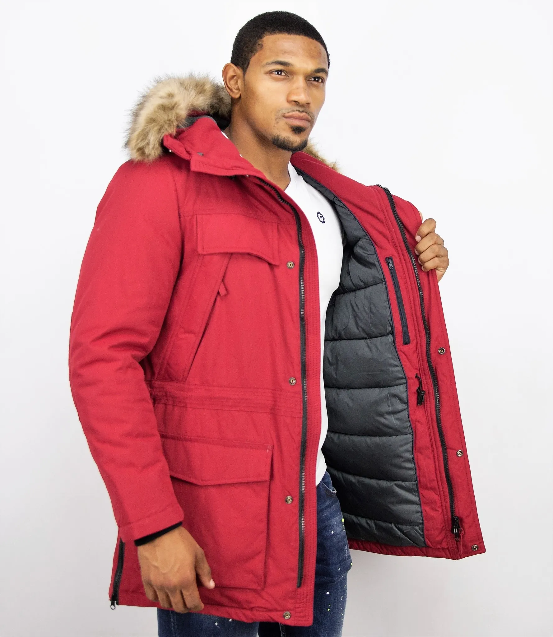 RODE PARKA  WINTERJAS HEREN MET BONTKRAAG