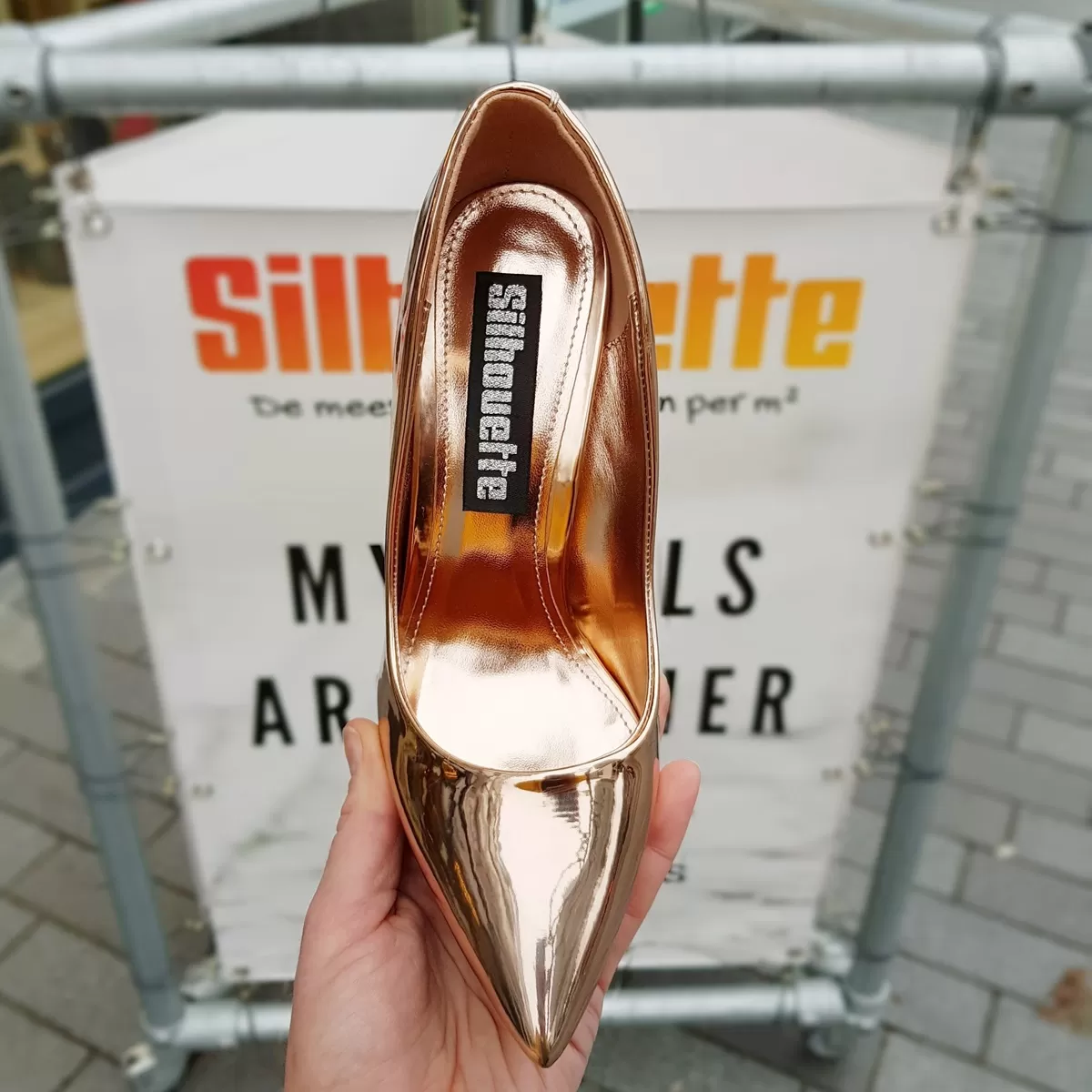 Rose gouden pumps met hoge hak metallic