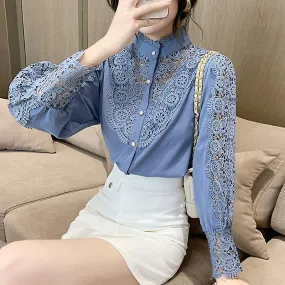 Spring New Korean Style Crochet Hollow Lace Stitching Blouse Women Sexy Puff Sle
