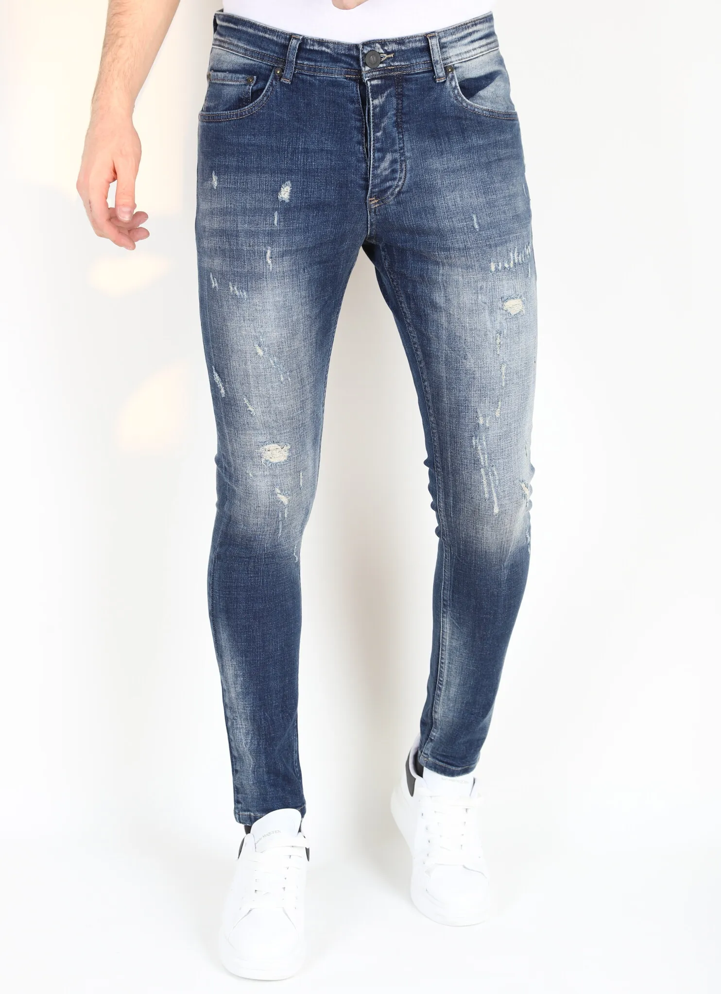 STONEWASHED SLIM FIT MANNEN SPIJKERBROEK MET SCHEUREN MM121  BLAUW