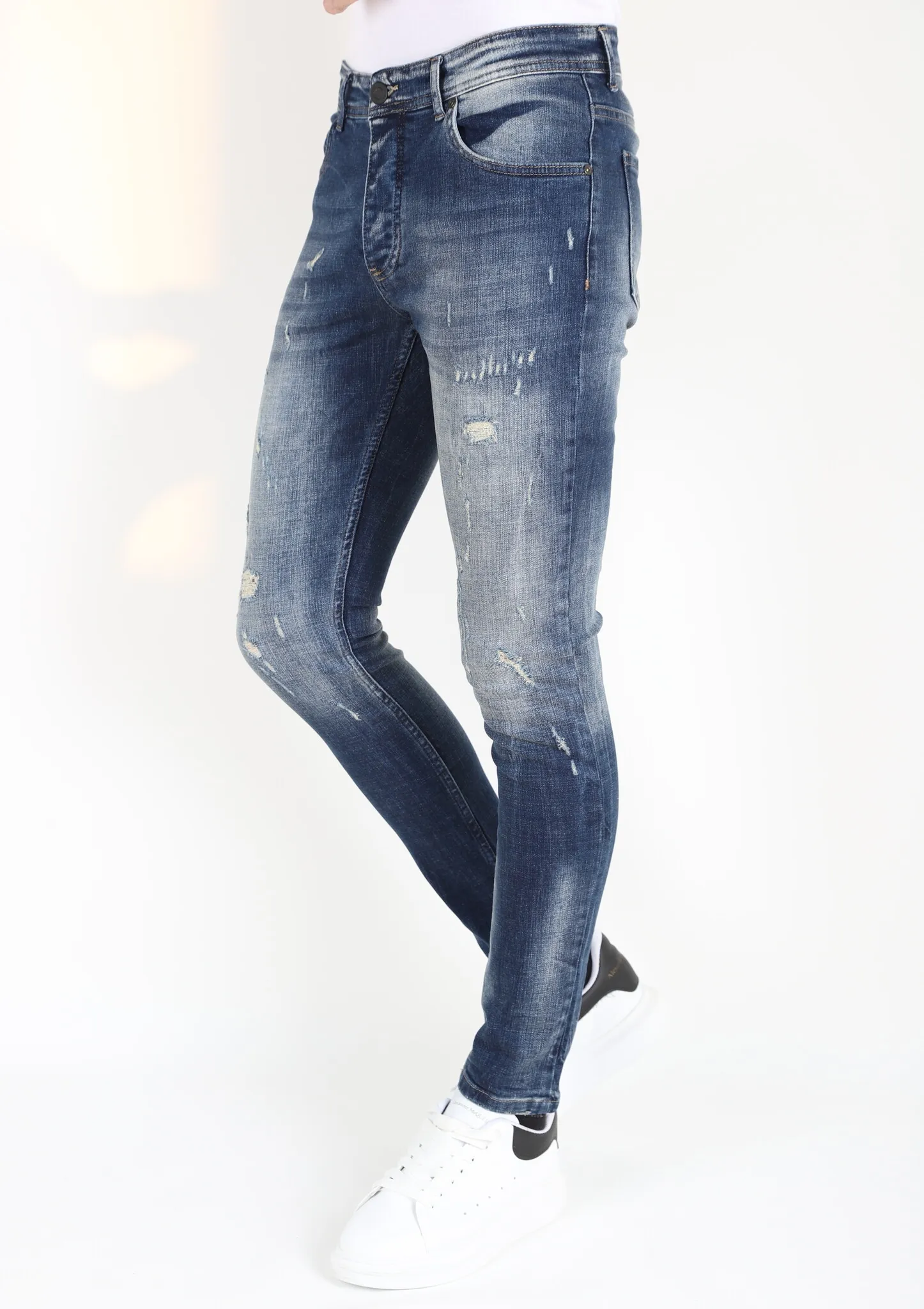 STONEWASHED SLIM FIT MANNEN SPIJKERBROEK MET SCHEUREN MM121  BLAUW