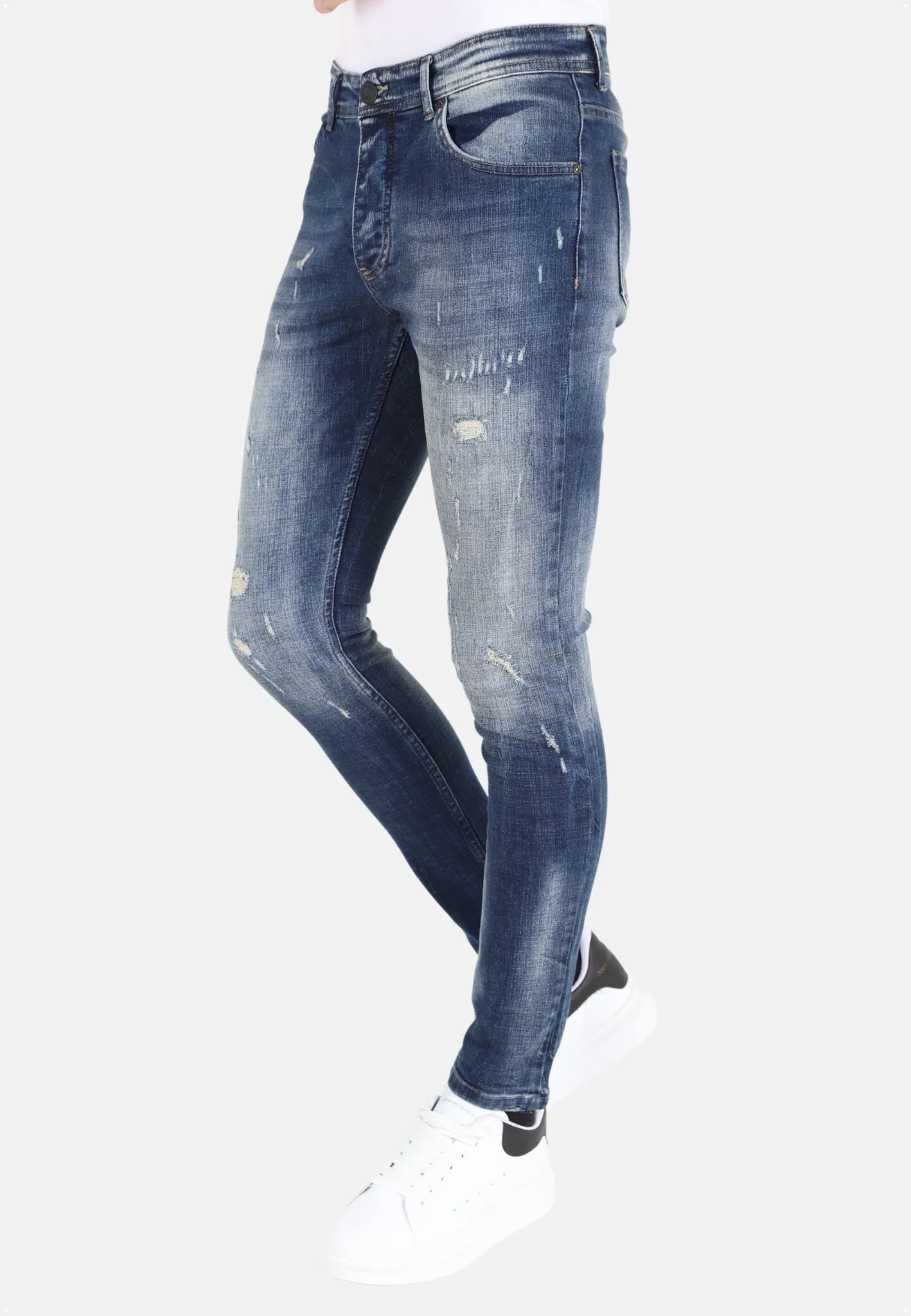 STONEWASHED SLIM FIT MANNEN SPIJKERBROEK MET SCHEUREN MM121  BLAUW