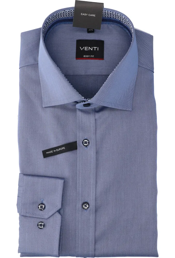 VENTI BLAUW KATOENEN HEMD SLIM FIT MET LANGE MOUWEN    ZOMER '24