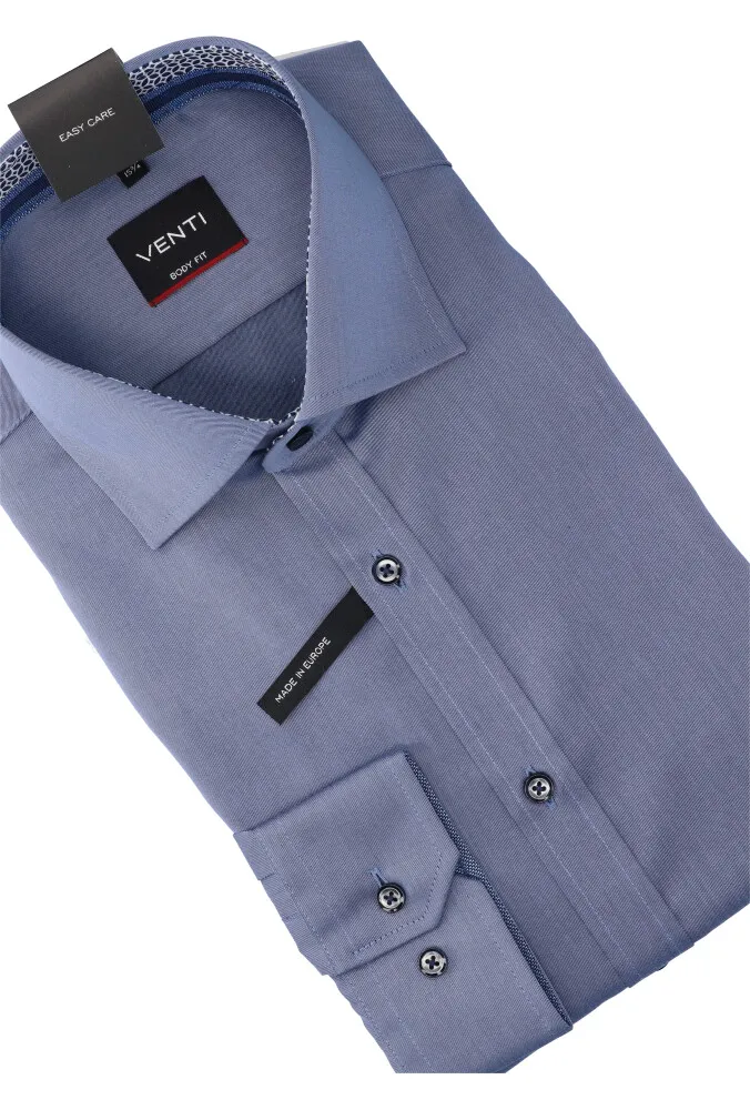 VENTI BLAUW KATOENEN HEMD SLIM FIT MET LANGE MOUWEN    ZOMER '24