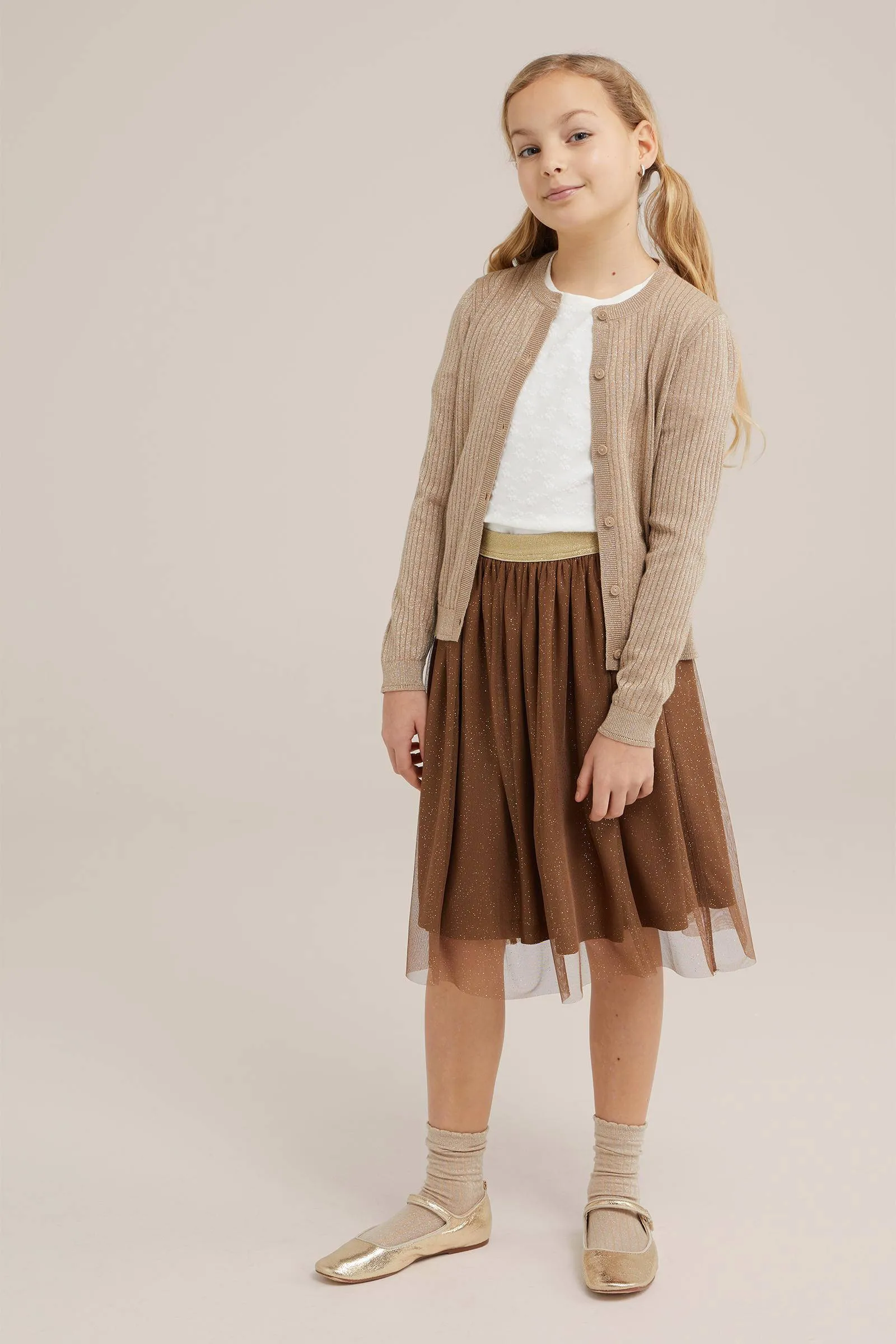 WE Fashion vest goudkleur Meisjes Katoen Ronde hals Effen 110 116