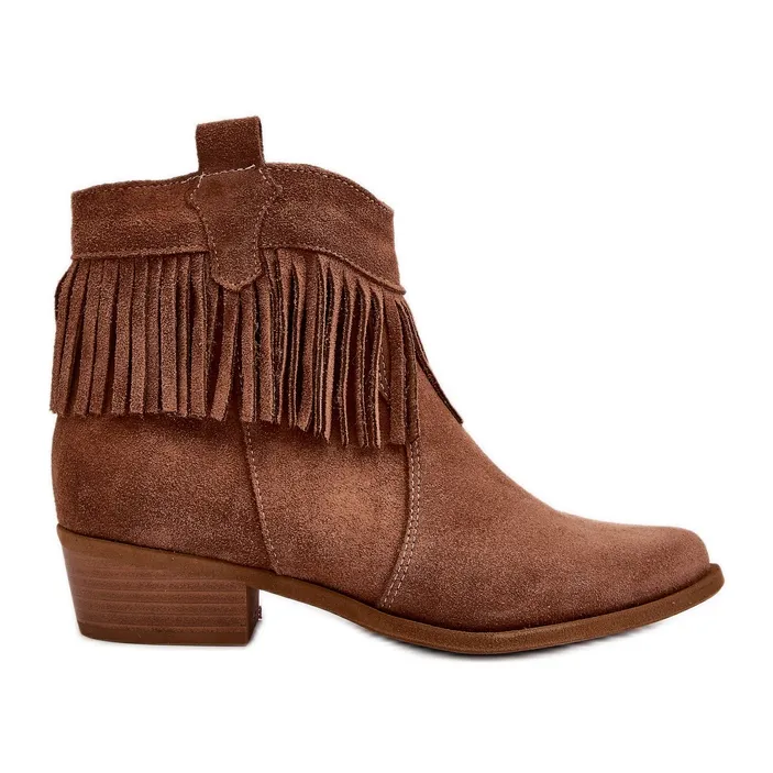 Zazoo 3430 Suede dames enkellaarzen met camel franjes bruin