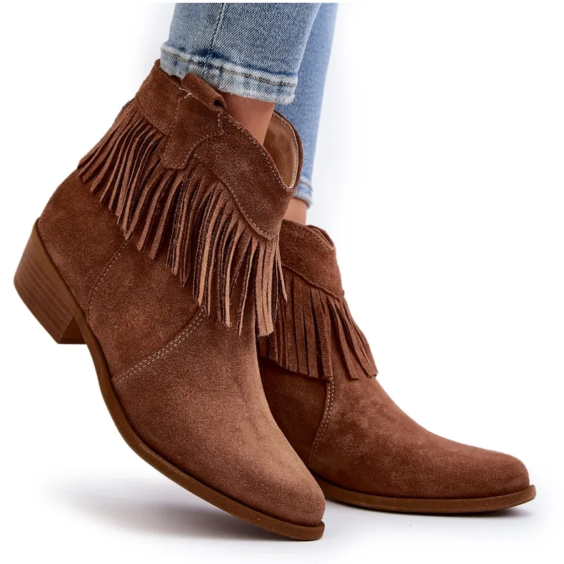 Zazoo 3430 Suede dames enkellaarzen met camel franjes bruin