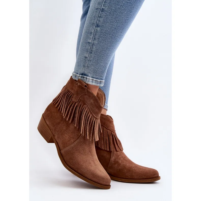 Zazoo 3430 Suede dames enkellaarzen met camel franjes bruin