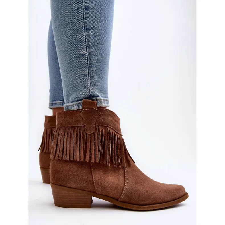 Zazoo 3430 Suede dames enkellaarzen met camel franjes bruin