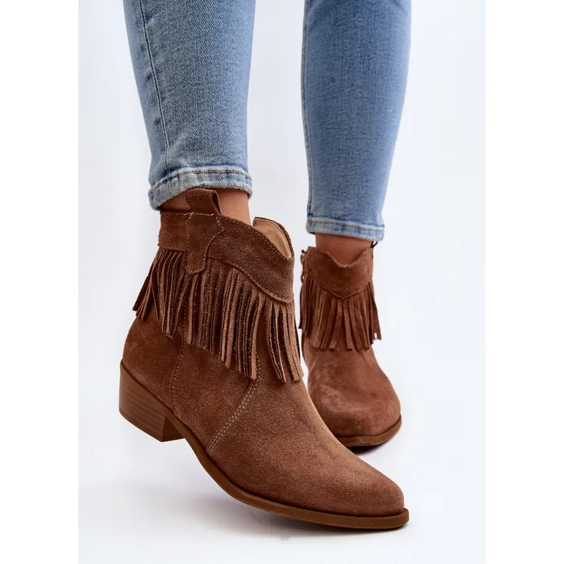 Zazoo 3430 Suede dames enkellaarzen met camel franjes bruin