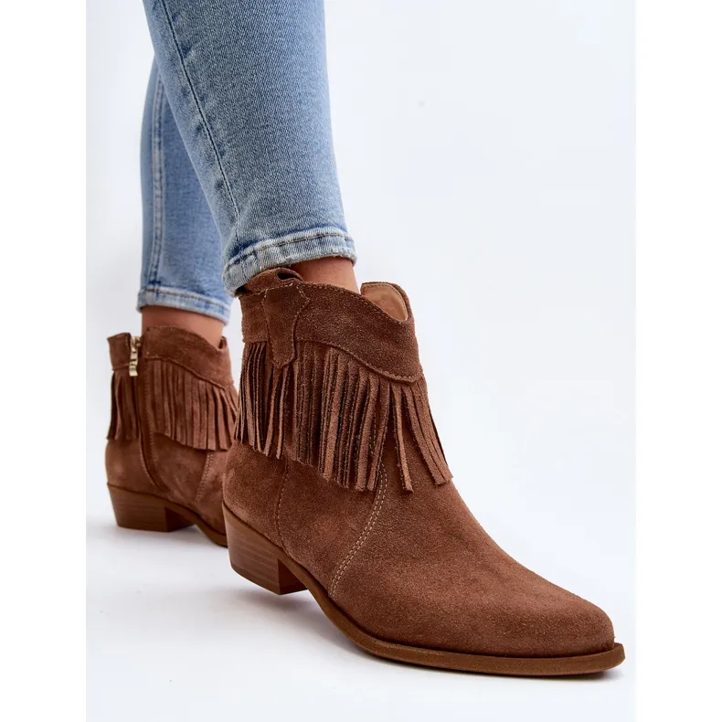 Zazoo 3430 Suede dames enkellaarzen met camel franjes bruin