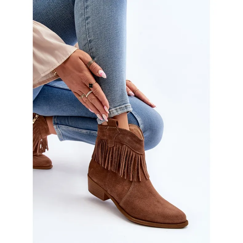 Zazoo 3430 Suede dames enkellaarzen met camel franjes bruin