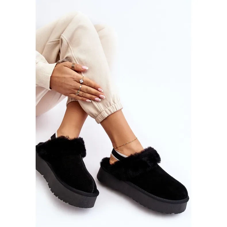 Zwarte Sophienne platformslippers voor dames met bont